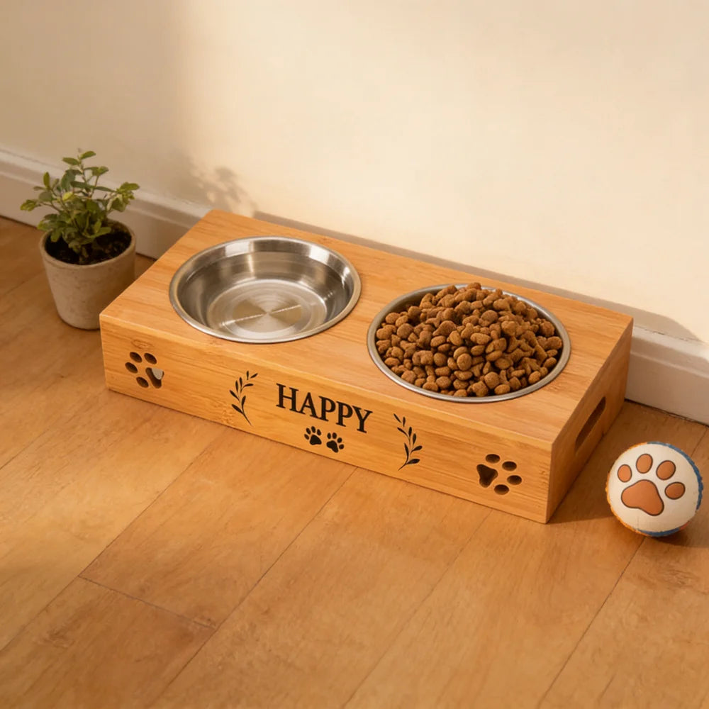 Personalised Bamboo Double Pet Bowl Set