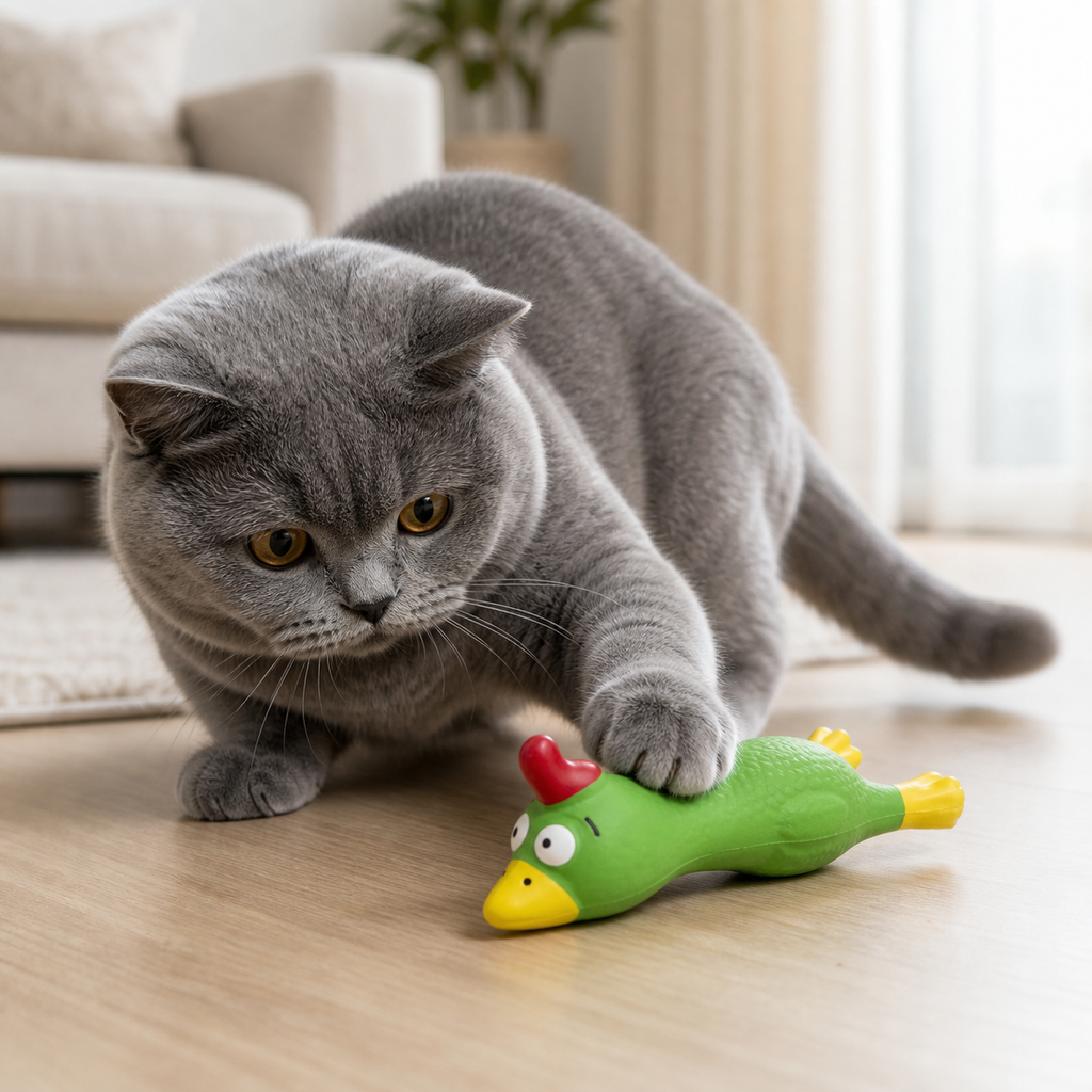 Bella the British Shorthair cat playing with the green rubber squeaky chicken pet toy