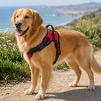 Golden retriever wearing a red quick-release nylon dog harness on a coastal path