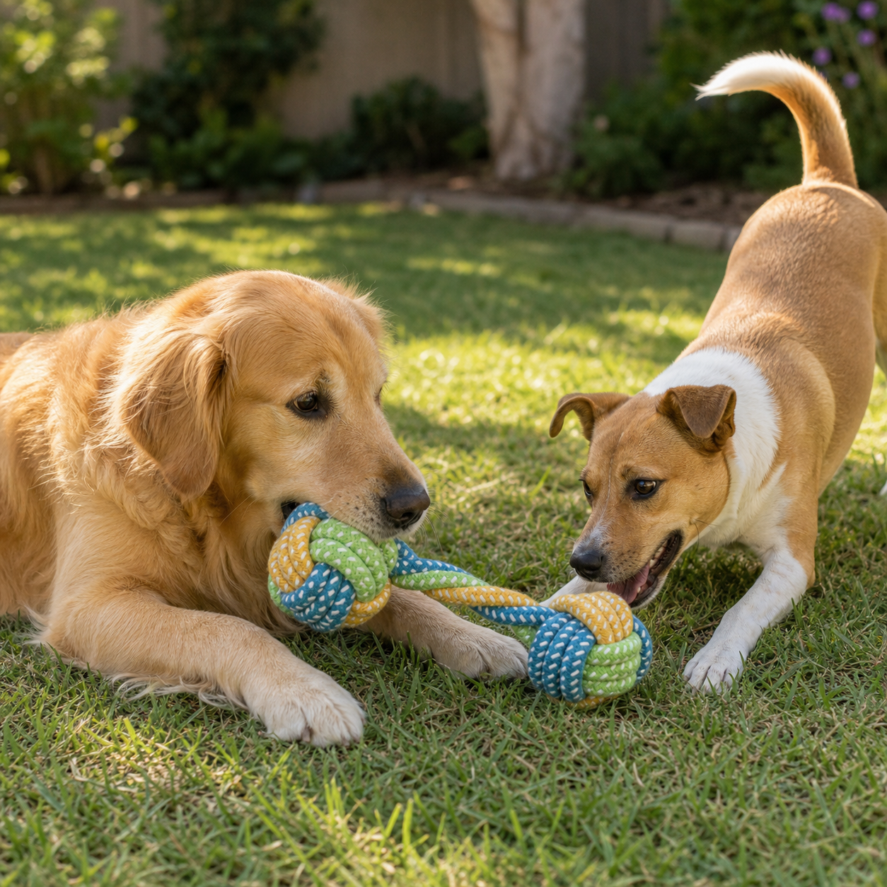 Milo and a dog friend playing with the blue green and yellow bone rope dog chew toy on grass