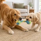 Milo and a dog friend playing tug with the blue green and yellow bone rope dog chew toy indoors
