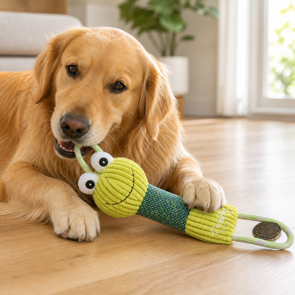 Milo the golden retriever playing with the Frog corduroy animal plush dog toy