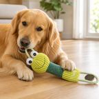 Milo the golden retriever playing with the Frog corduroy animal plush dog toy