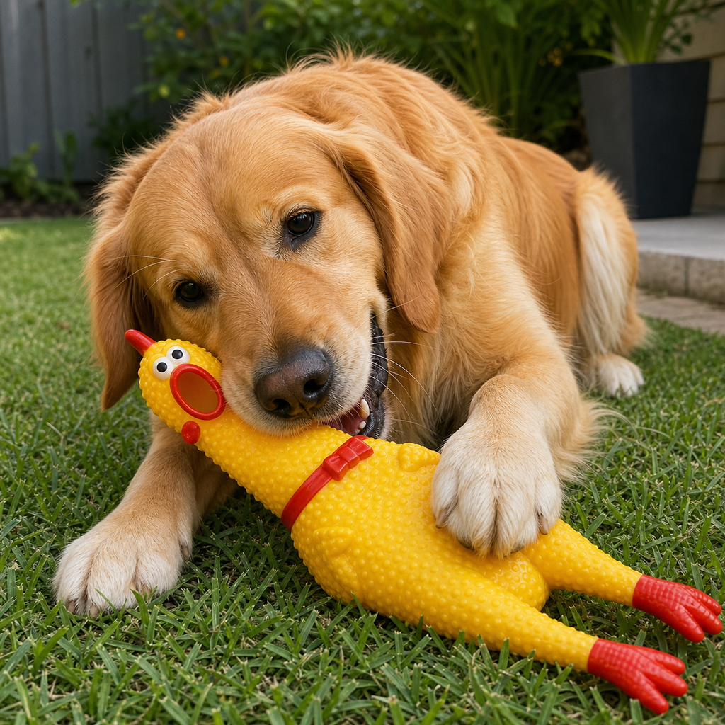 Milo the golden retriever playing with a yellow screaming chicken dog toy on grass