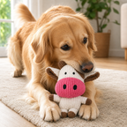 Milo golden retriever playing with the cow corduroy squeaky dog toy