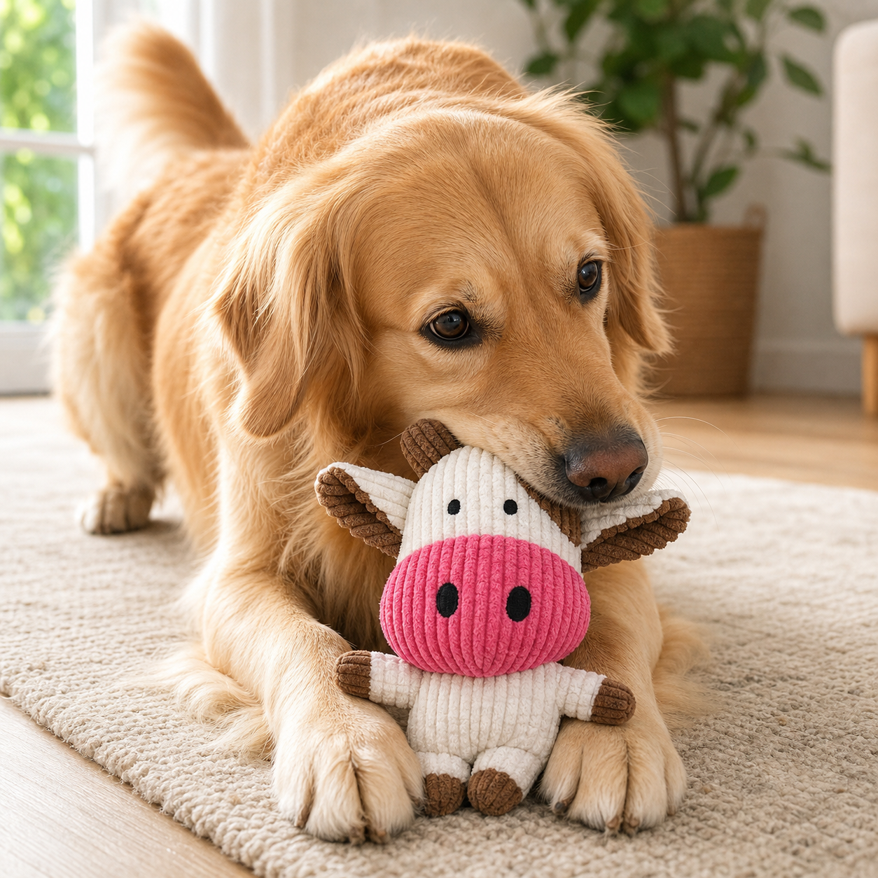 Milo golden retriever playing with the cow corduroy squeaky dog toy