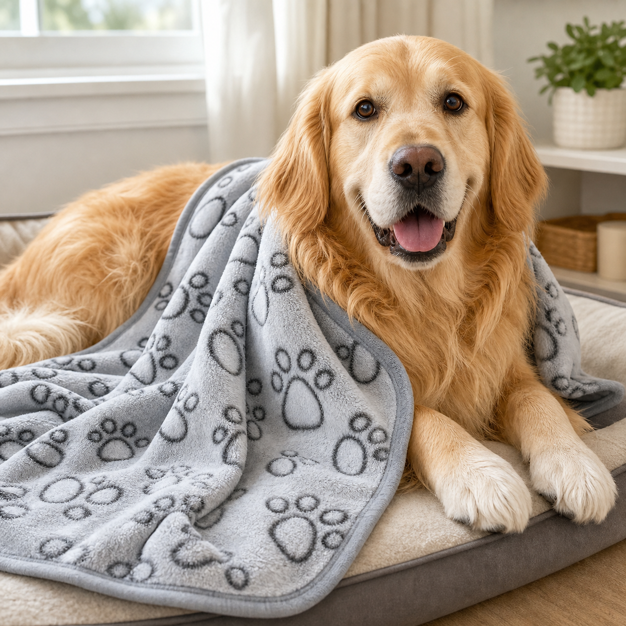 Milo the golden retriever resting with the grey paw print flannel pet blanket