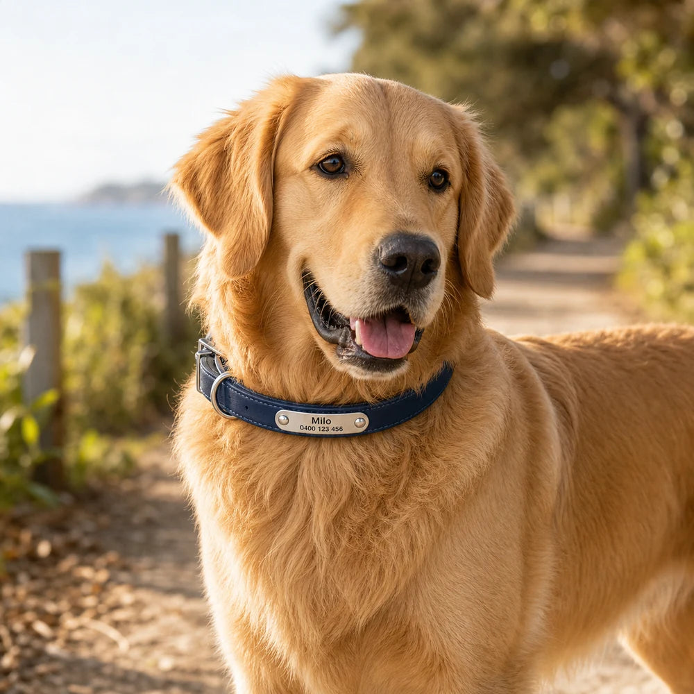 Milo wearing the Nova personalised engraved PU leather pet collar