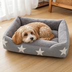 Apricot Cavoodle curled in the Bigstars grey patterned soft pet mattress