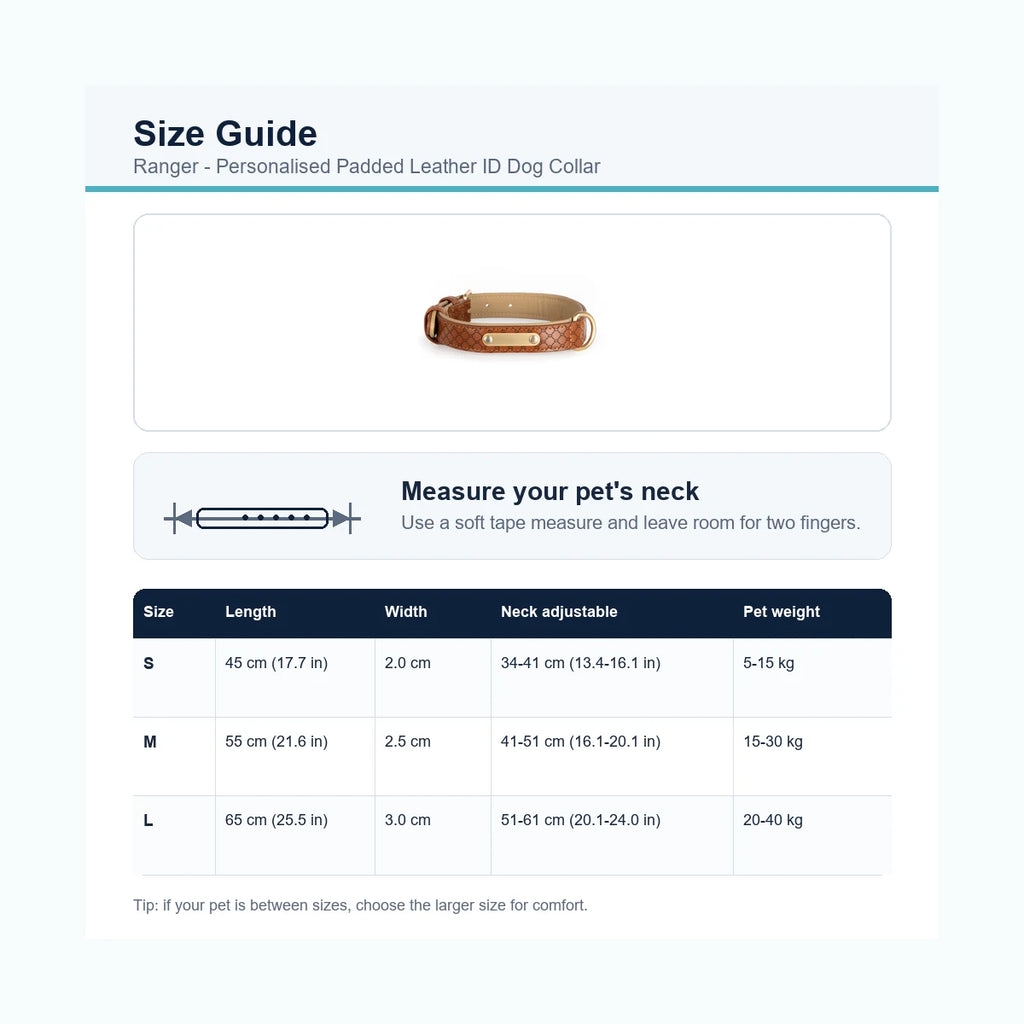 Ranger padded leather ID dog collar size guide