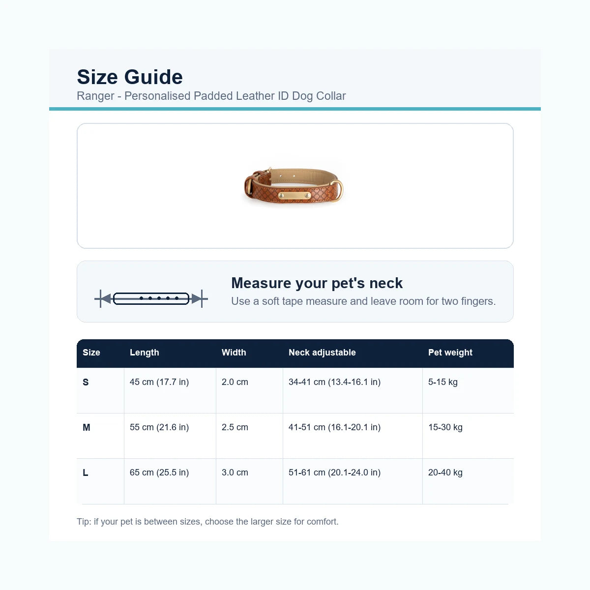 Ranger padded leather ID dog collar size guide