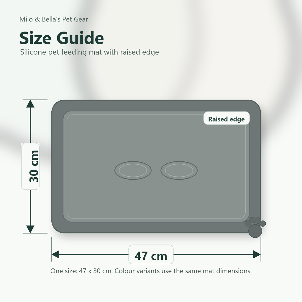 Size guide for Silicone Pet Feeding Mat with Raised Edge showing 47 x 30 cm dimensions
