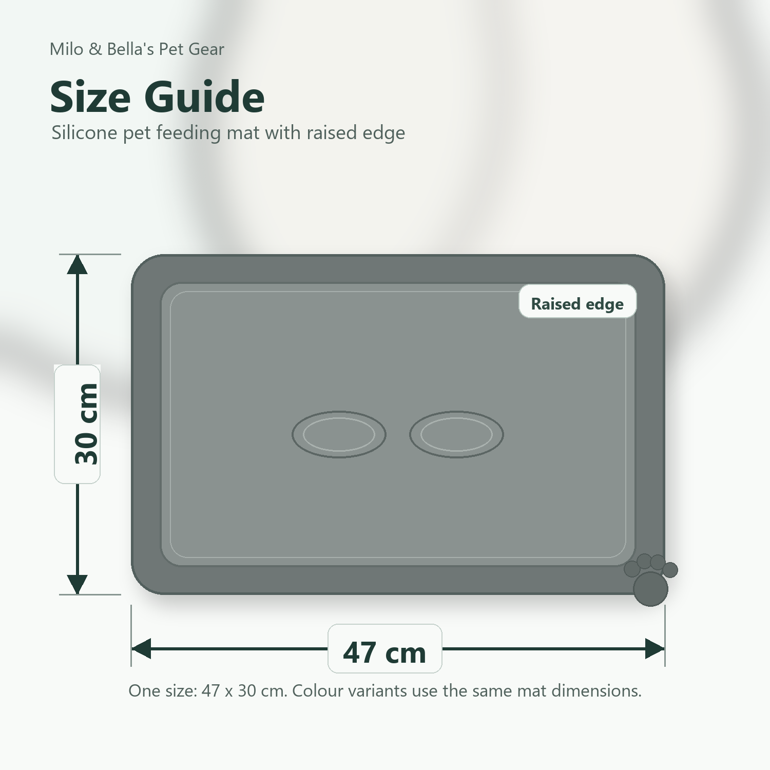 Size guide for Silicone Pet Feeding Mat with Raised Edge showing 47 x 30 cm dimensions