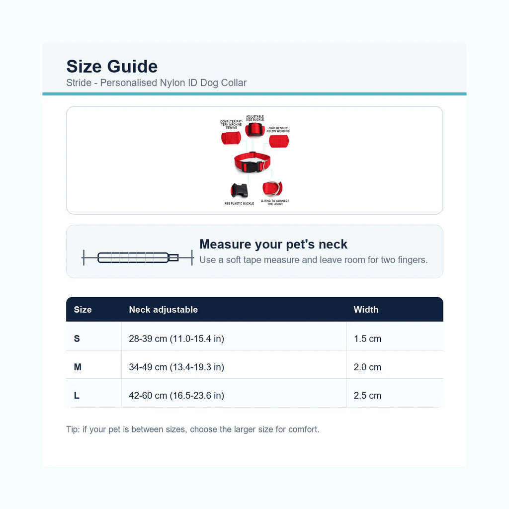 Stride nylon ID dog collar size guide