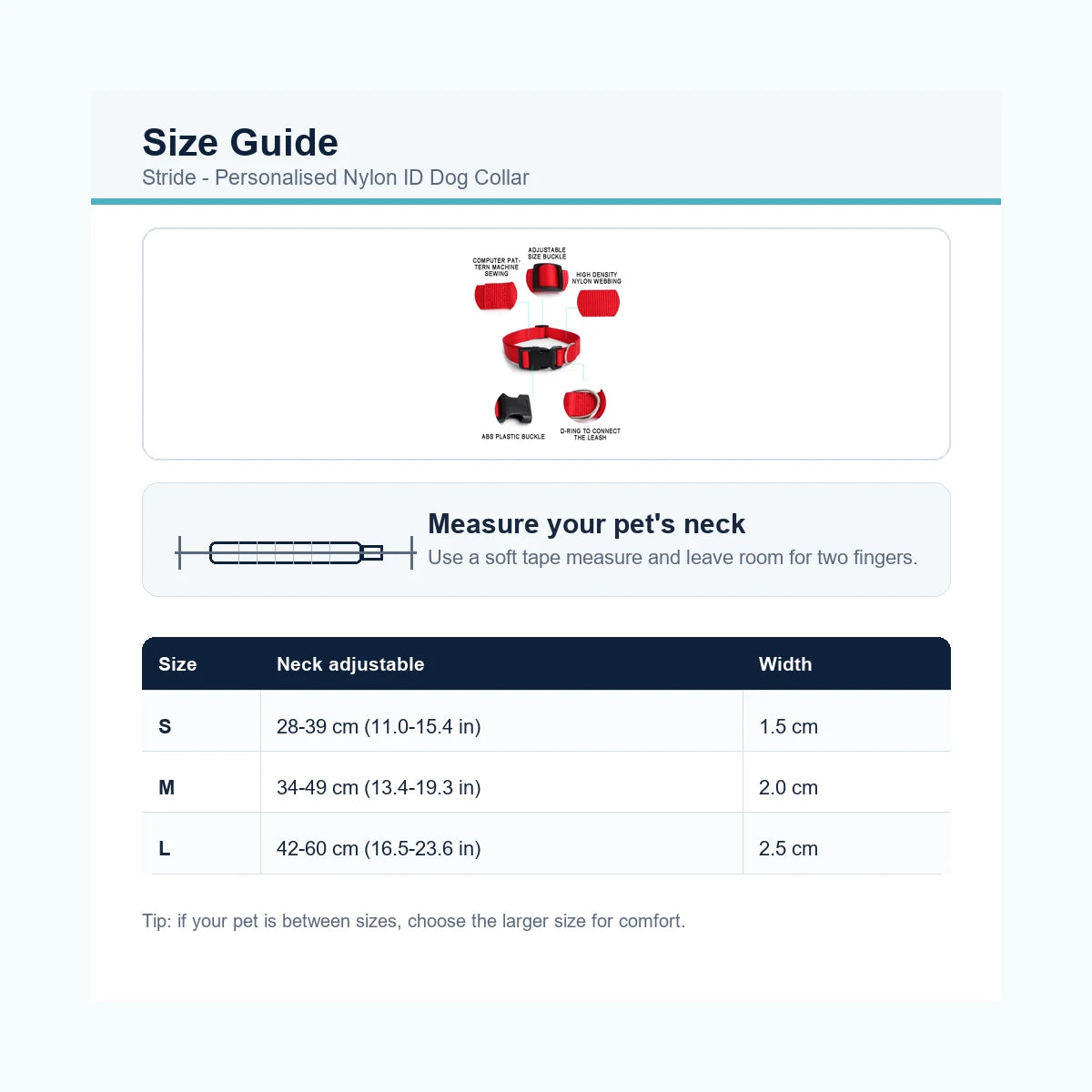 Stride nylon ID dog collar size guide